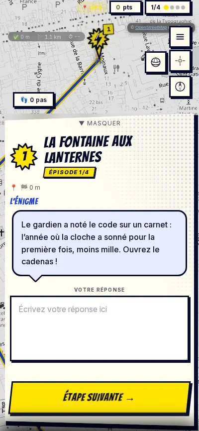 Fiche d’étape dans l’univers Manga pop : case de BD à bords obliques sur fond bleu électrique, énigme en bulle et bouton jaune.