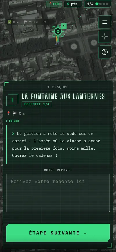 Fiche d’étape dans l’univers Opération : cadre de contrôle vert phosphore, texte à chasse fixe.