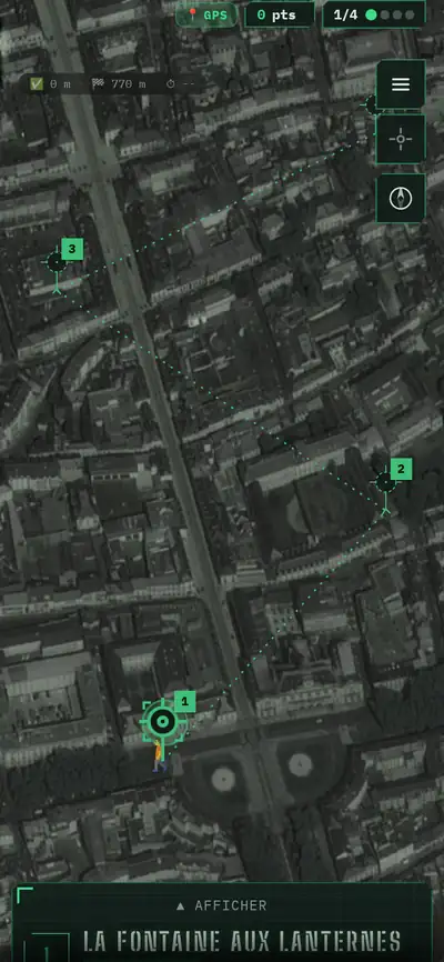 Carte d’une quête dans l’univers Opération : photo aérienne verdie et marqueurs de repérage vert phosphore.