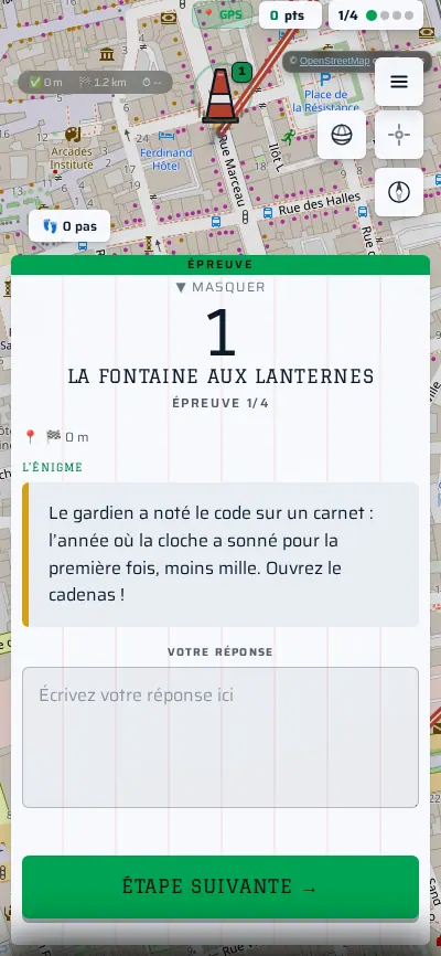 Fiche d’étape dans l’univers Podium : dossard numéroté sous un bandeau vert, avec ses épingles.