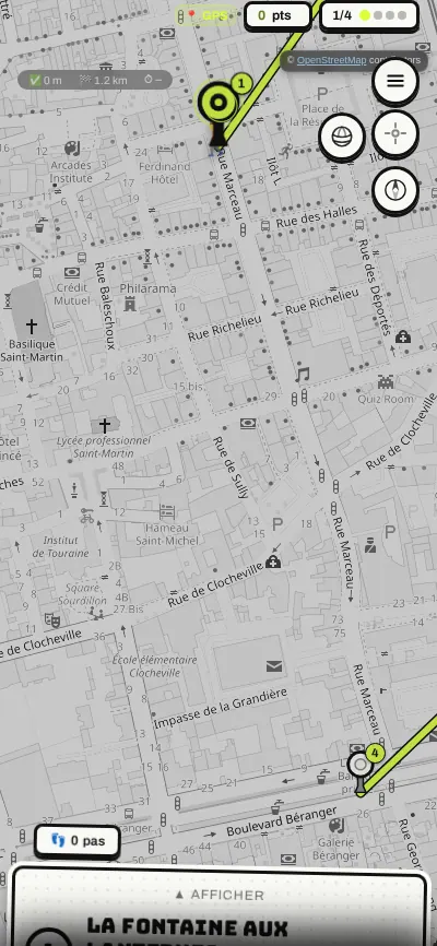 Carte d’une quête dans l’univers Urbain : calque clair, ligne de métro jaune fluo bordée de noir et marqueurs en station.