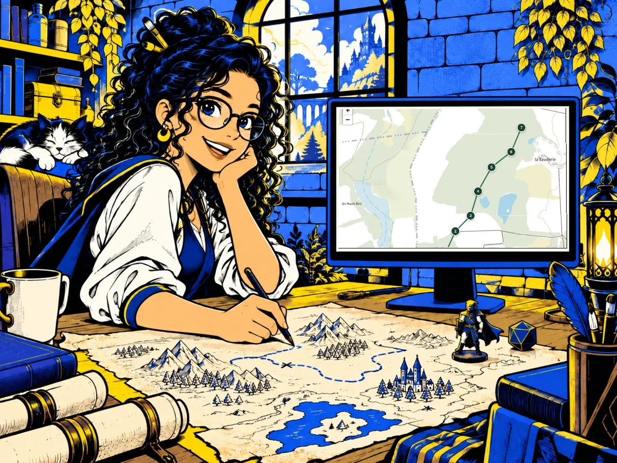 Une créatrice trace le parcours d’une quête sur une carte ancienne, devant son ordinateur, avec une figurine et un dé sur le bureau.
