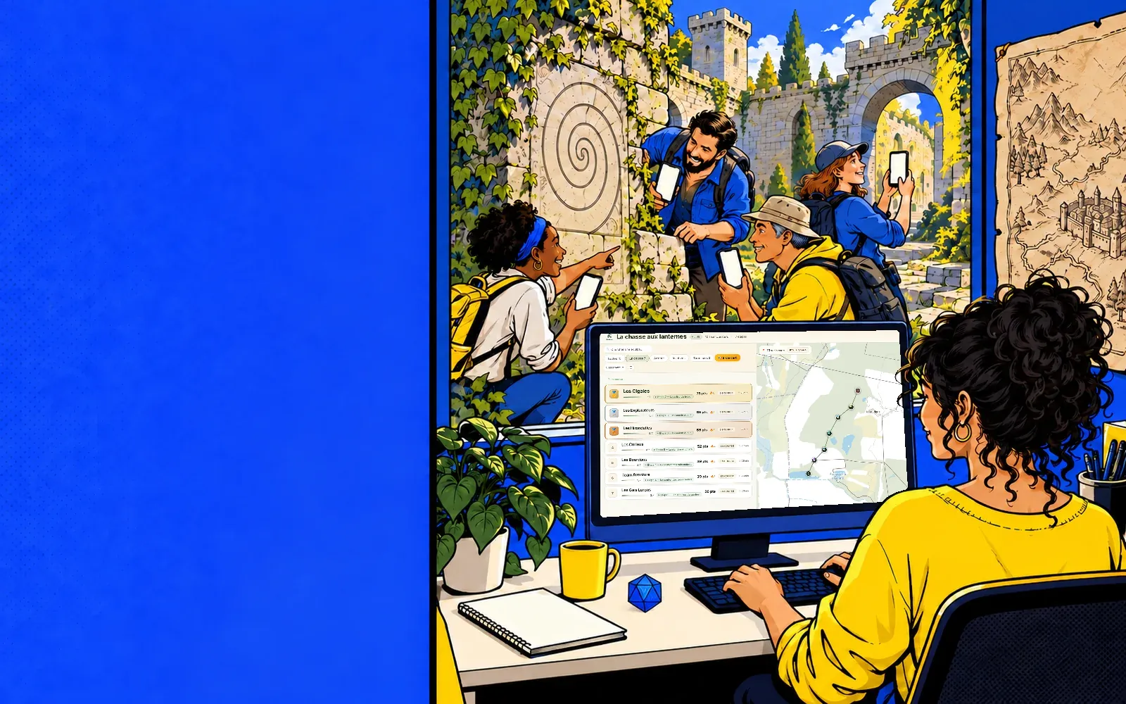 Une maîtresse du jeu, assise à sa console au premier plan, mène la partie en direct pendant que quatre joueurs, téléphone en main, explorent les ruines d’un château que l’on aperçoit par la fenêtre ; sur l’écran de la console, la liste des équipes et la carte.
