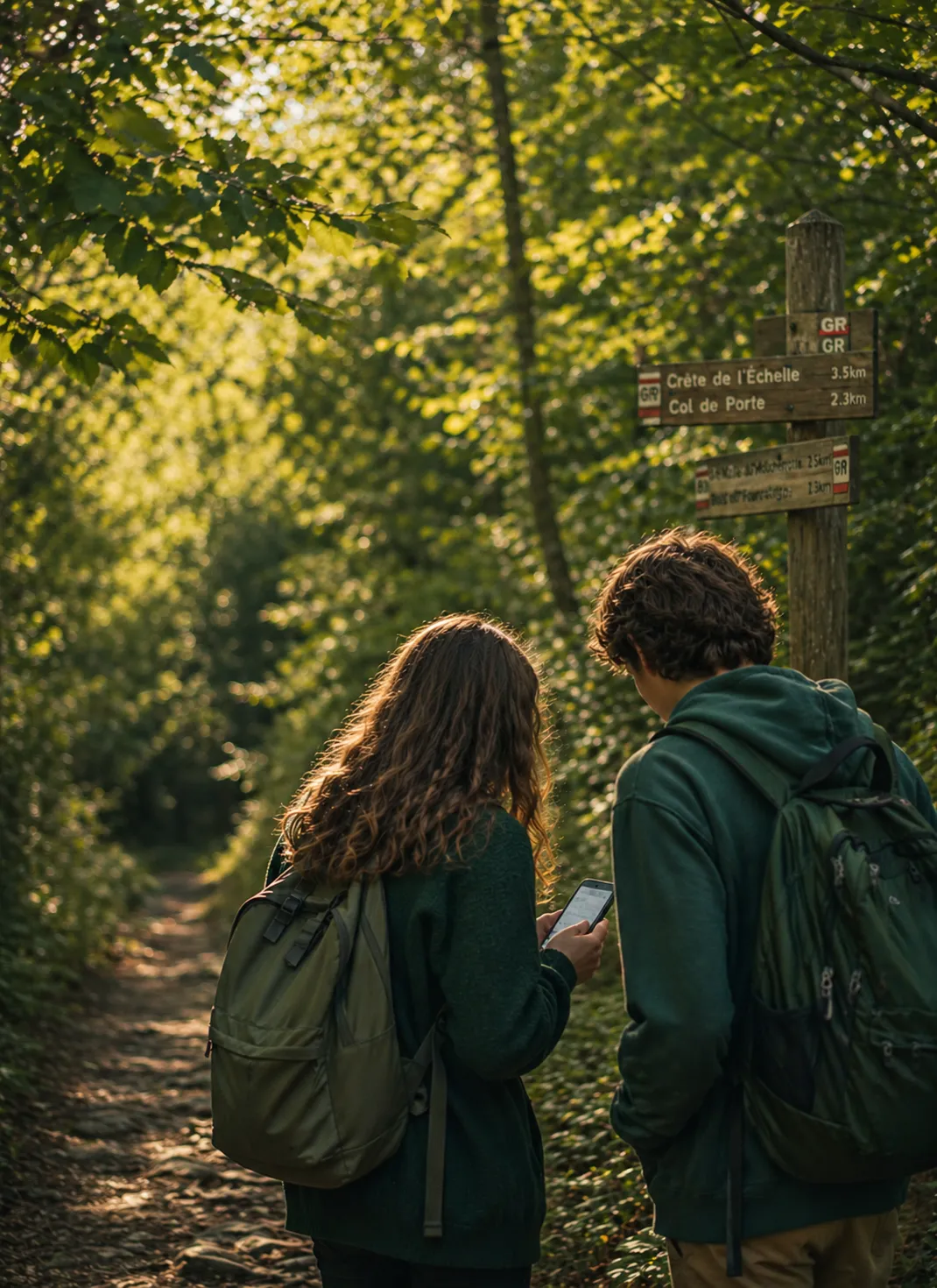 Deux randonneurs suivent leur quête sur un téléphone, en forêt